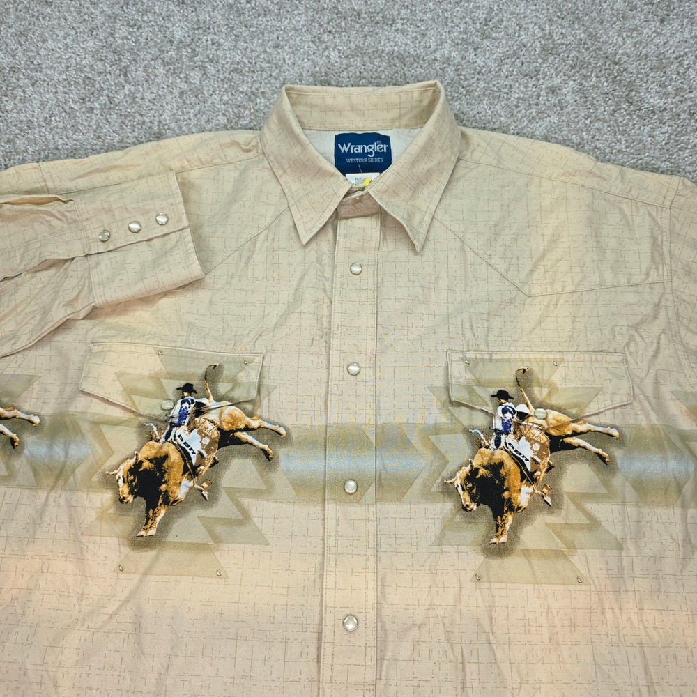Vtg Wrangler Western Shirt Mens XL PBR Bull Riding Rodeo Pearl Snap Tan Cotton